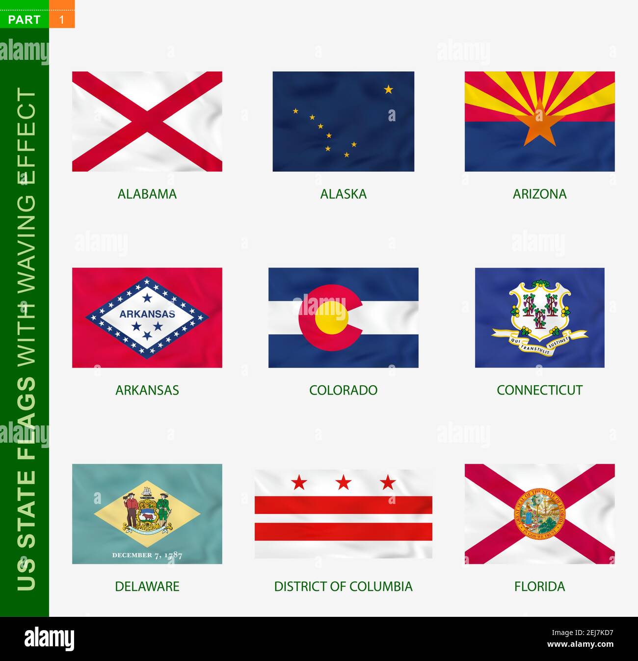 Set of US state flags with waving effect, national flag with texture