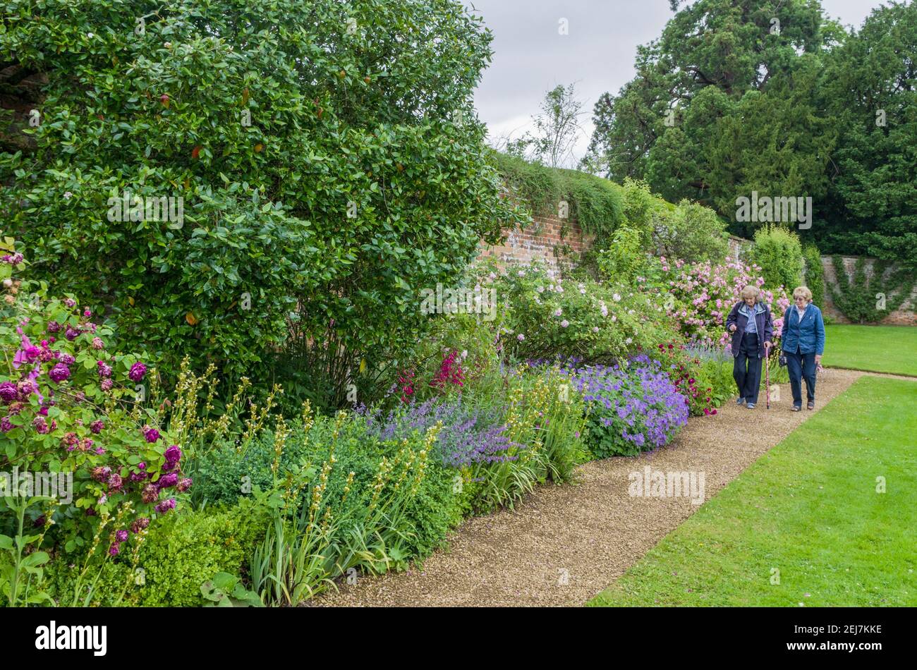 Gardens at Rousham House, Oxfordshire, UK; two senior ladies walking alongside a colourful herbaceous border. Stock Photo