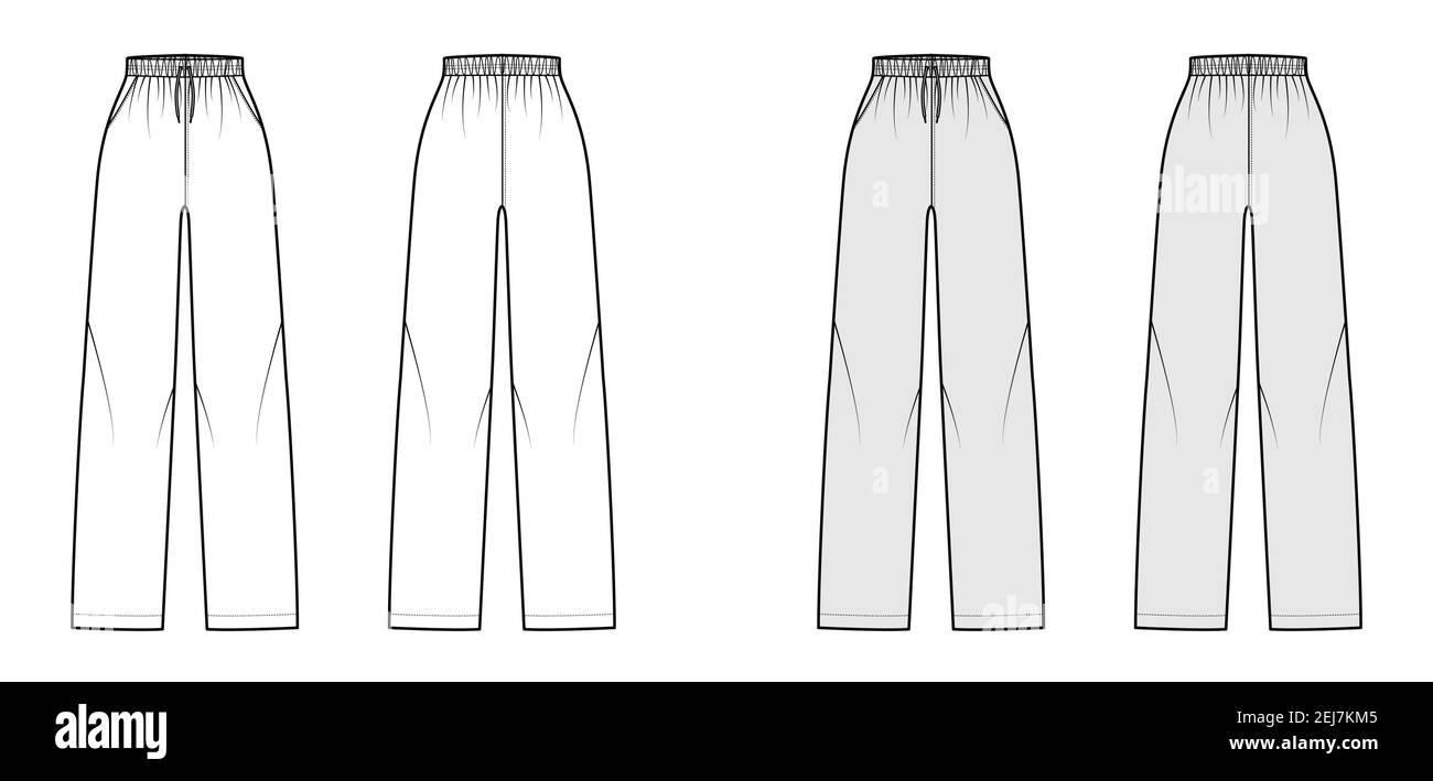 Pajama pants technical fashion illustration with elastic normal waist, high  rise, full length, drawstrings, pockets. Flat apparel template front, back,  white grey color. Women men unisex CAD mockup Stock Vector Image 