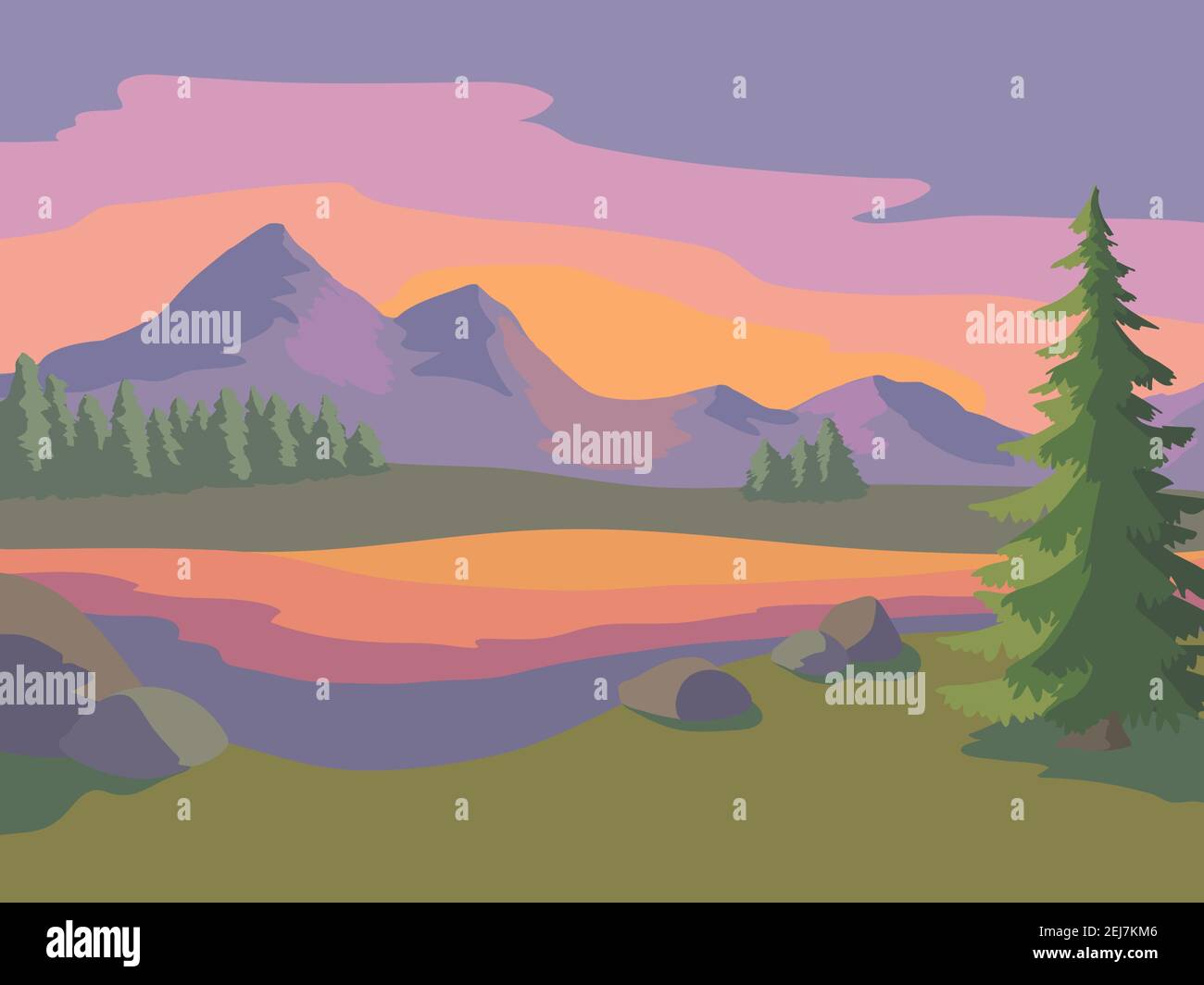 Mountain lake sunset graphic color landscape illustration vector Stock ...