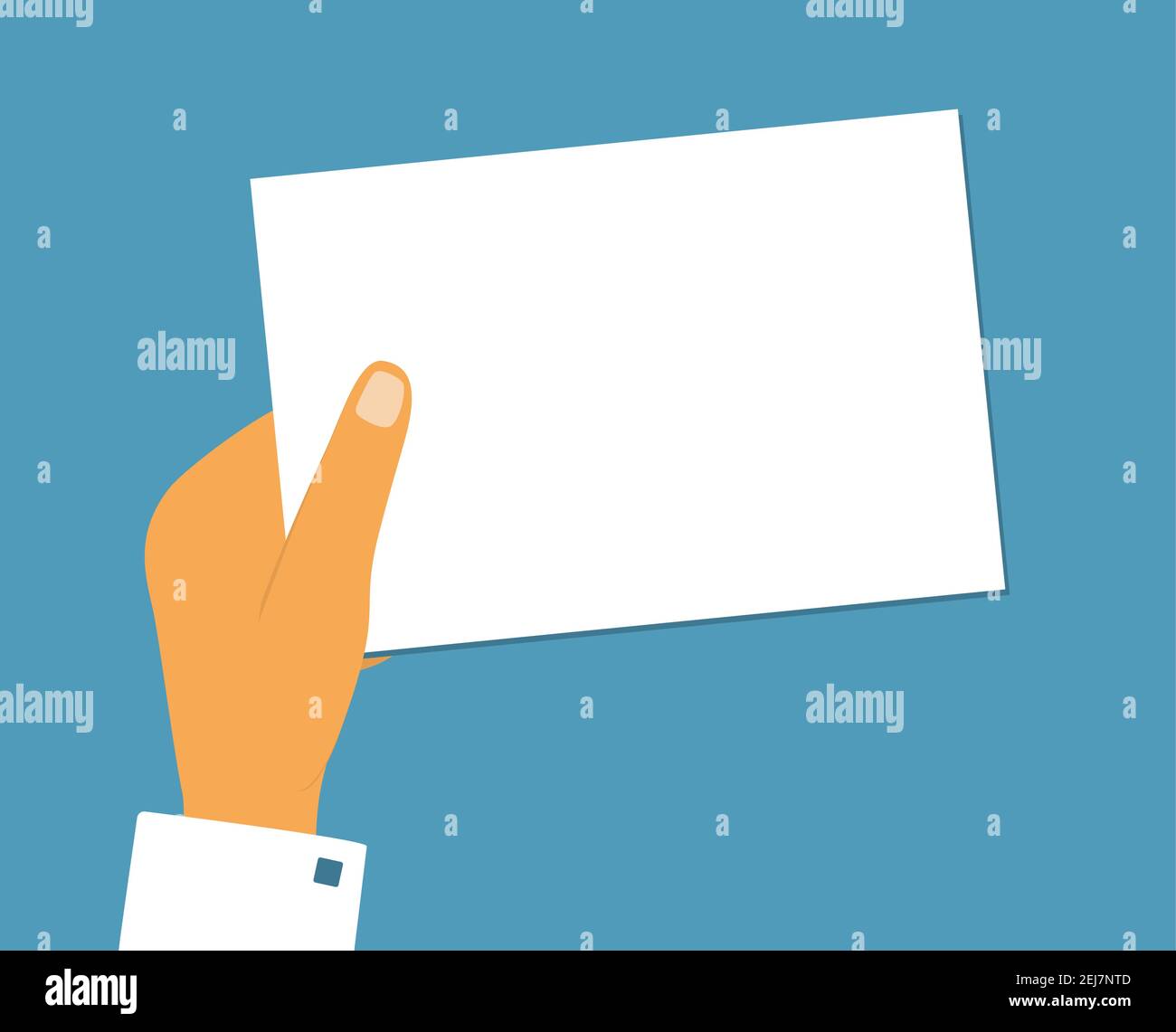 hand holds a blank sheet of paper or a business card. Flat design ...