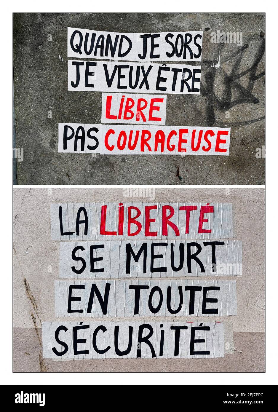 Tags and collages on the walls of the city showing the exasperation and fed up with the sanitary measures and restrictions linked to covid-19. Collage of two messages: 'when I go out, I want to be free, not courageous' and 'freedom dies in complete safety'. Granville, France on February 20, 2021. Photo Desfoux JY/ANDBZ/ABACAPRESS.COM Stock Photo