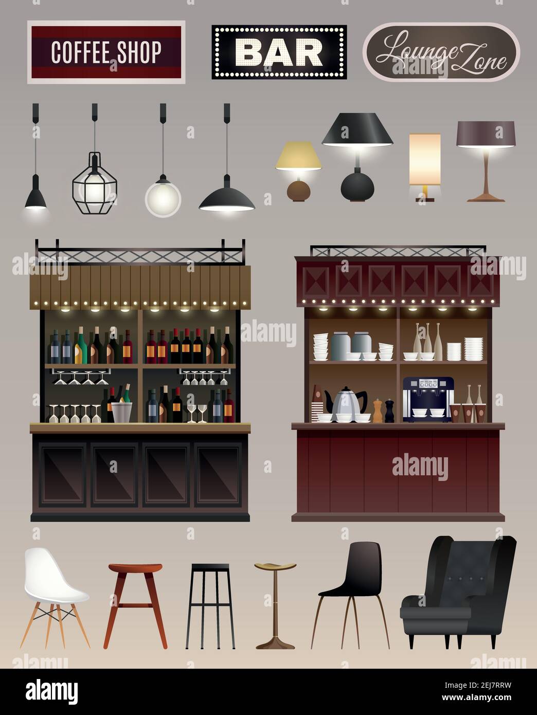 Coffee shop bar interior elements collection with counters wine liquor