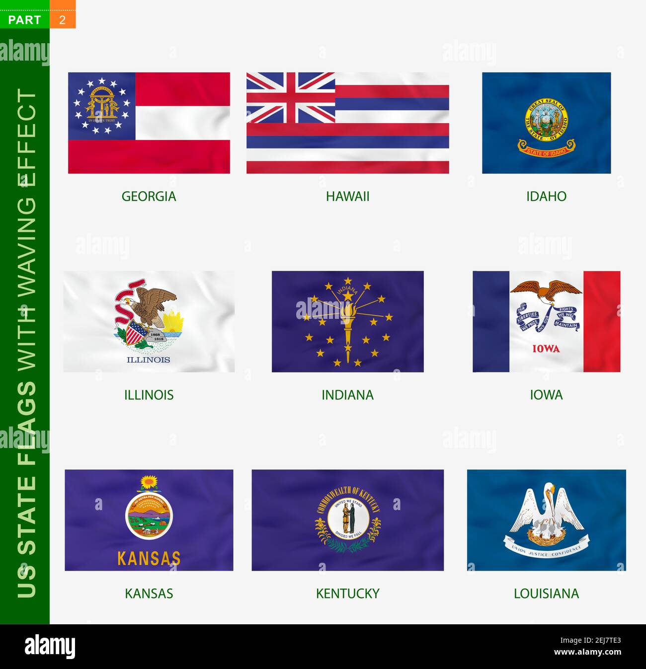 Set of US state flags with waving effect, national flag with texture ...