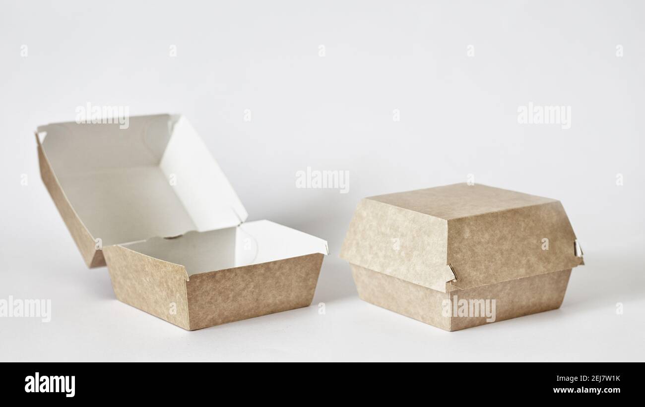 Closed and opened empty blank cardboard food container. Hamburger