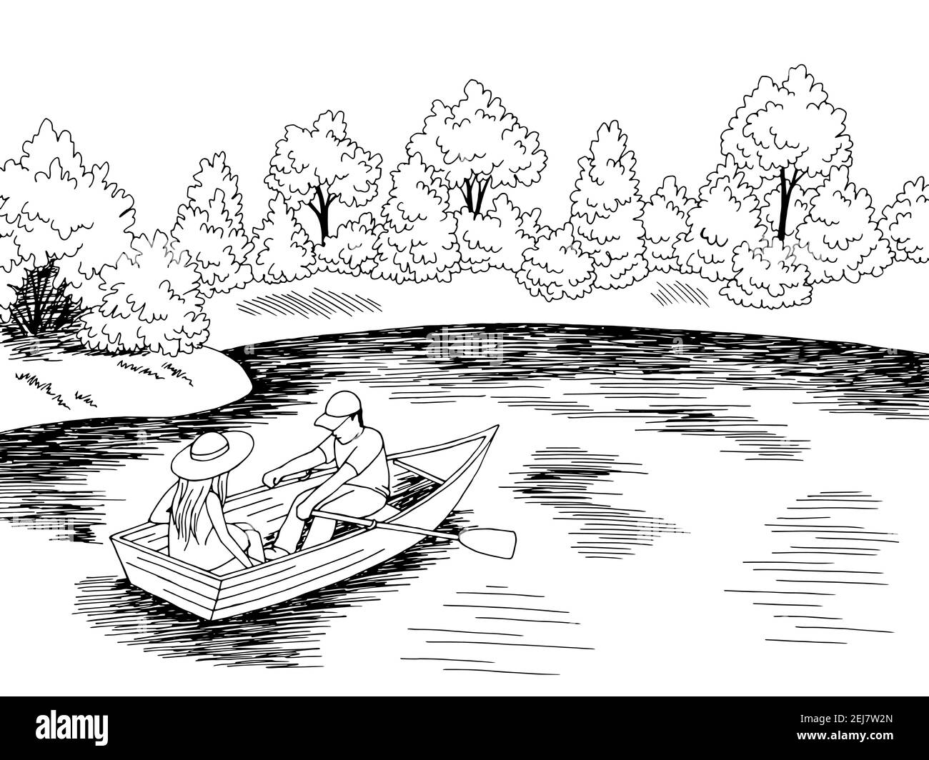 Boat lake park man and woman rowing in a graphic black white landscape sketch illustration vector Stock Vector