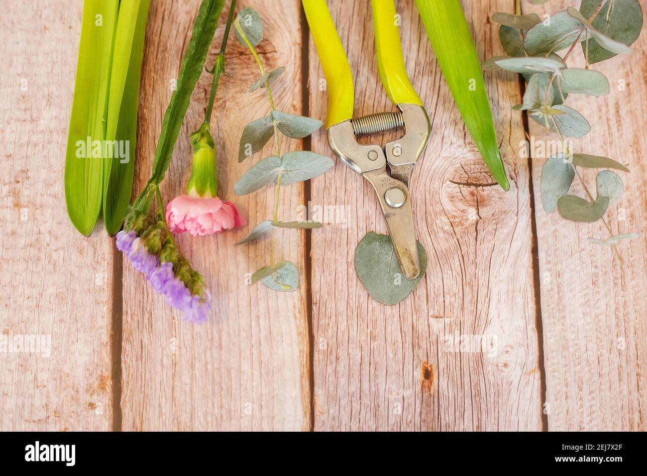 The florist desktop with working tools on light wooden background with place for text. Stock Photo