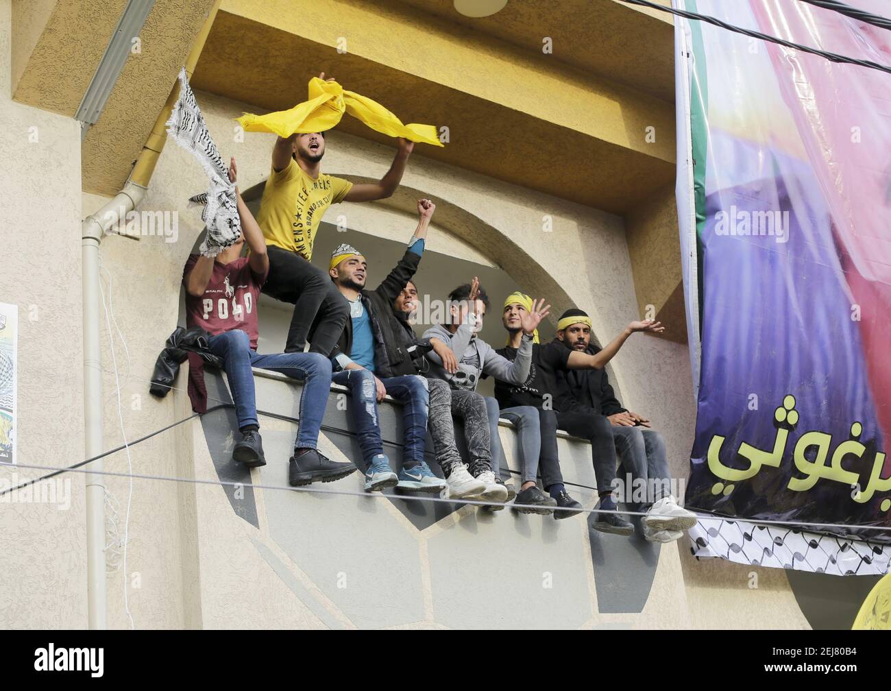 Palestinian Fatah supporters celebrating during a rally marking the ...