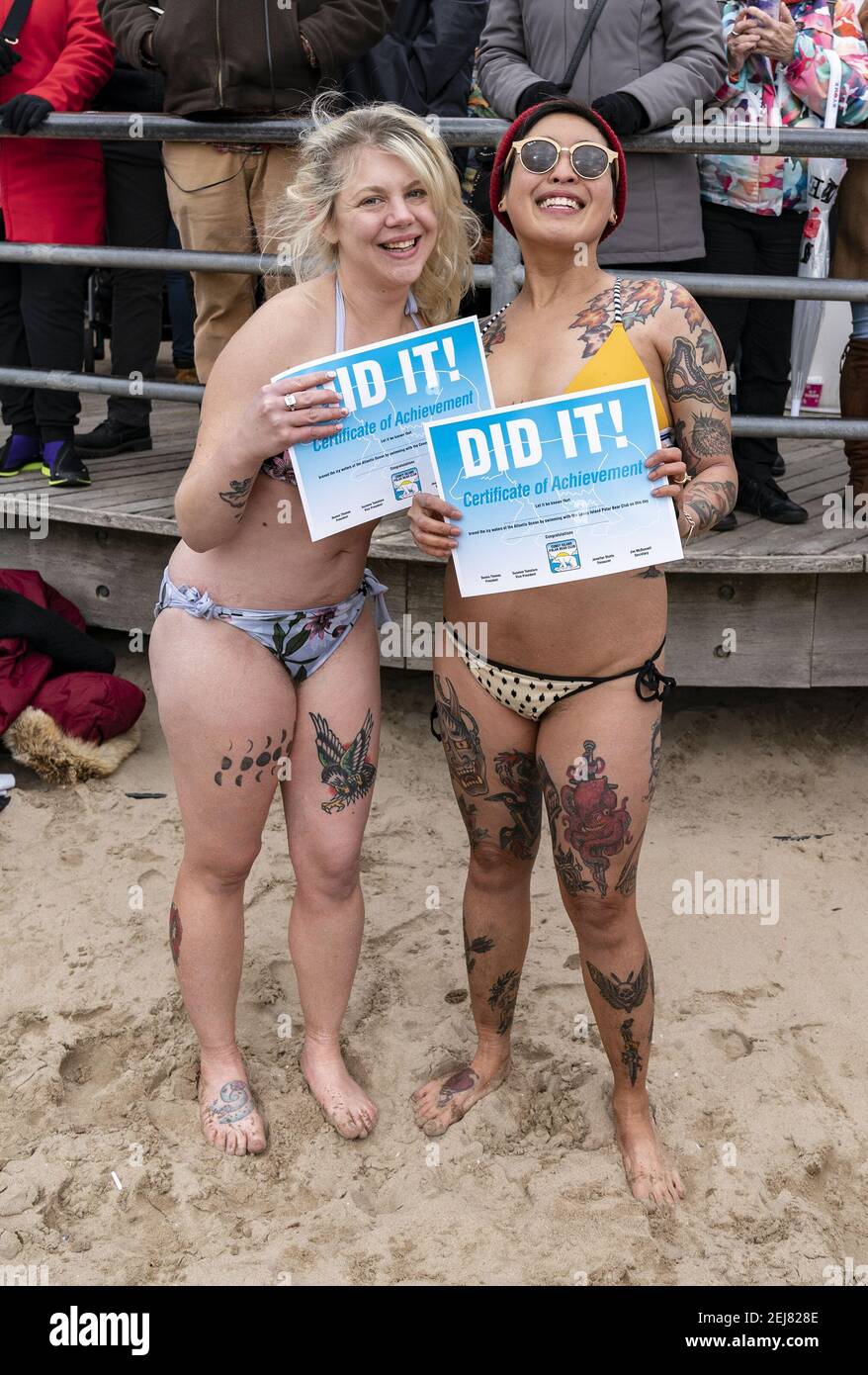 Members of Polar Bear Club celebrate completion of plunge into freezing  Atlantic waters during 116th Annual Coney Island Polar Bear Plunge at Coney  Island Beach (Photo by Lev RadinPacific PressSipa USA Stock