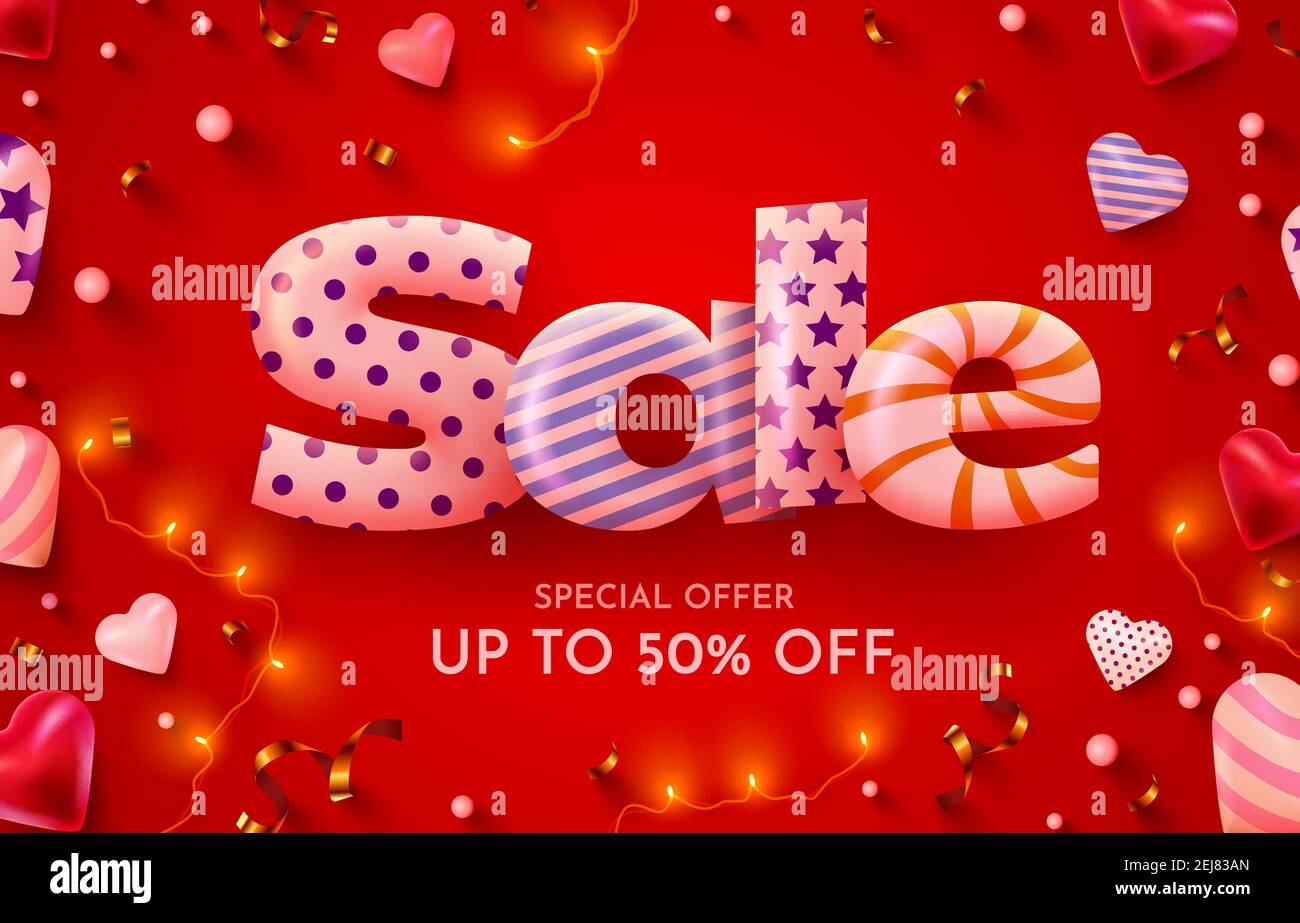 Big sale banner or poster design on bright red background. Sale word composition with hearts, garlands and golden confetti. Vector illustration Stock Vector