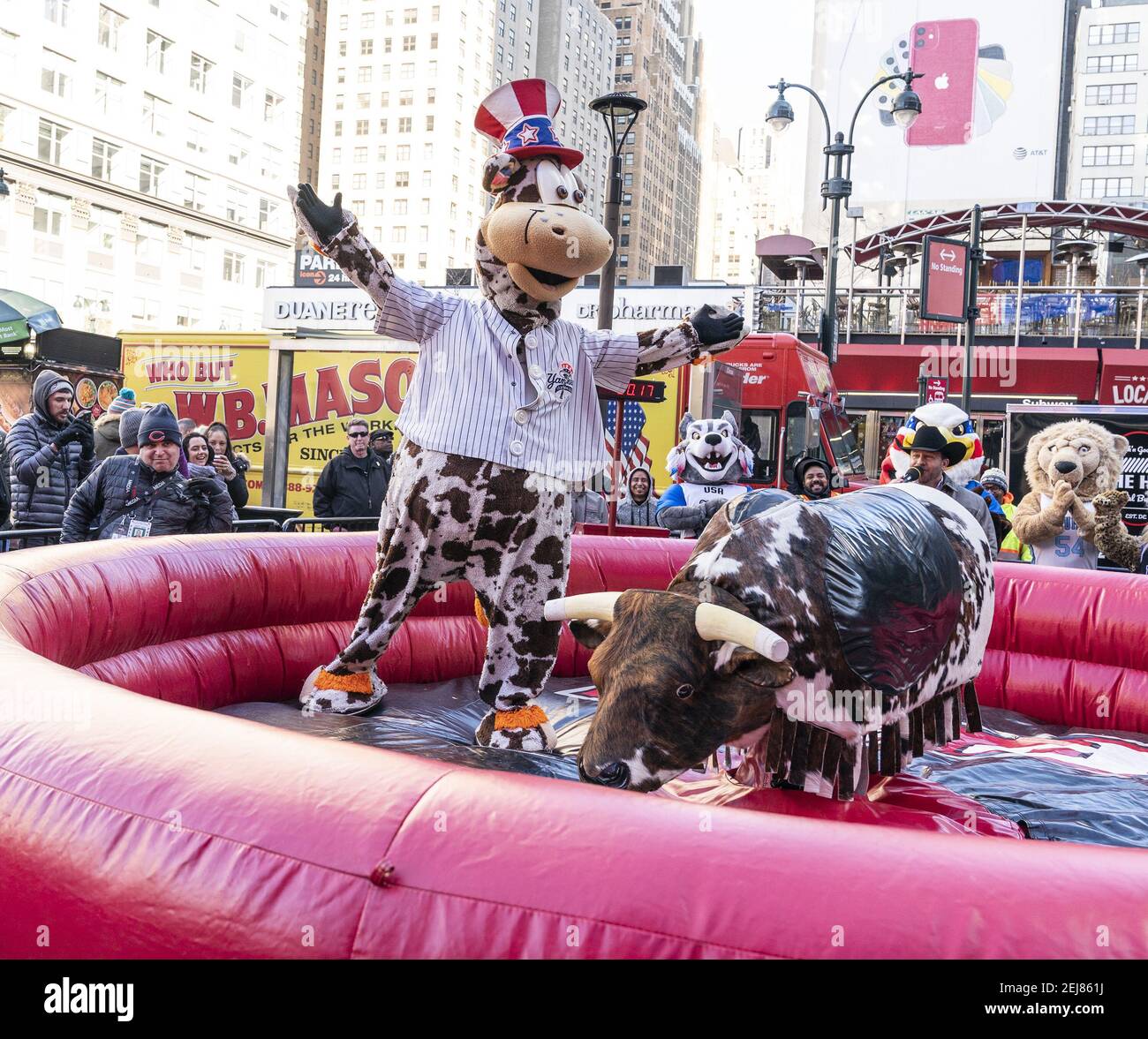 Staten Island Yankees mascot Scooter the Holy Cow rides mechanical bull  during Professional Bull Riders launch of season 2020 outside of Madison  Square Garden (Photo by Lev Radin / Pacific Press/Sipa USA