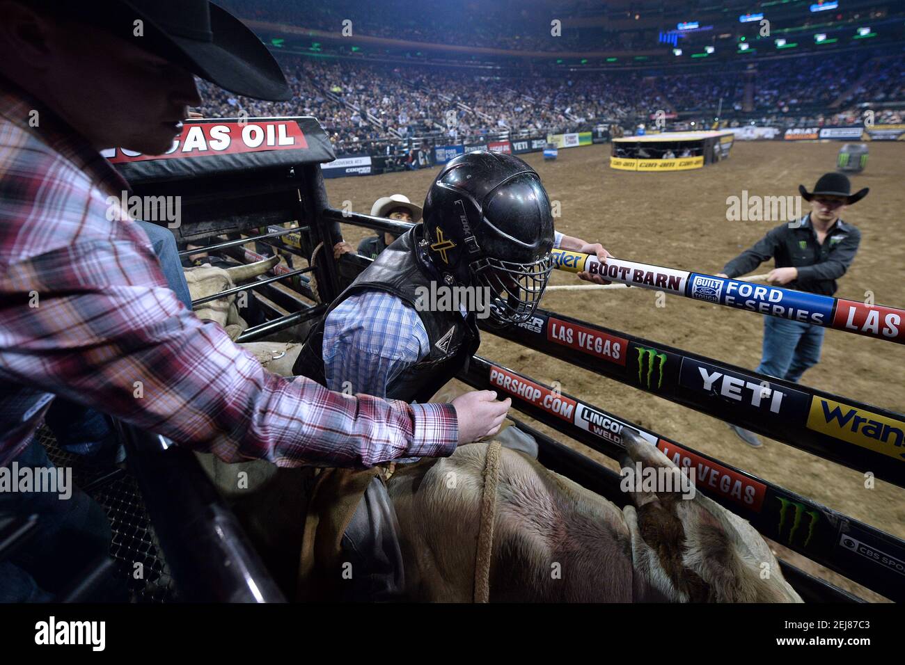 Professional bull rider Brady Fielder rides ”Chuck & Larry” during