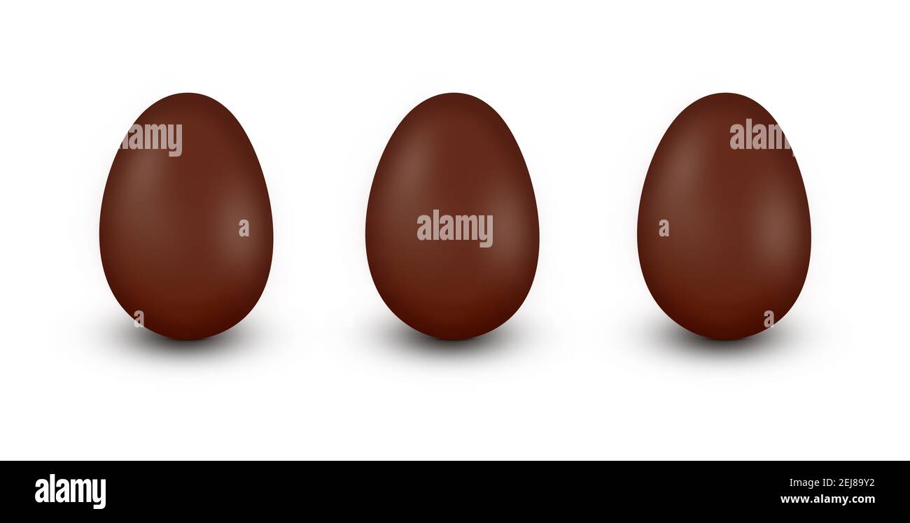 Three same chocolate Easter eggs in a row isolated on white background. Stock Photo