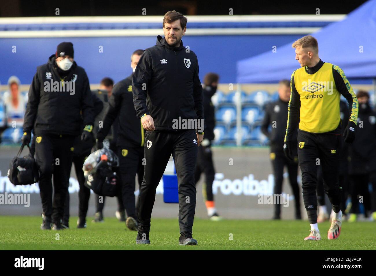 Bournemouth Caretaker Manager, who has since been confirmed as full time manager Jonathan Woodgate (M) looks on. EFL Skybet Championship match, Queens Park Rangers v AFC Bournemouth at The Kiyan Prince Foundation Stadium, Loftus Road in London on Saturday 20th February 2021. this image may only be used for Editorial purposes. Editorial use only, license required for commercial use. No use in betting, games or a single club/league/player publications. pic by Steffan Bowen/Andrew Orchard sports photography/Alamy Live news Stock Photo