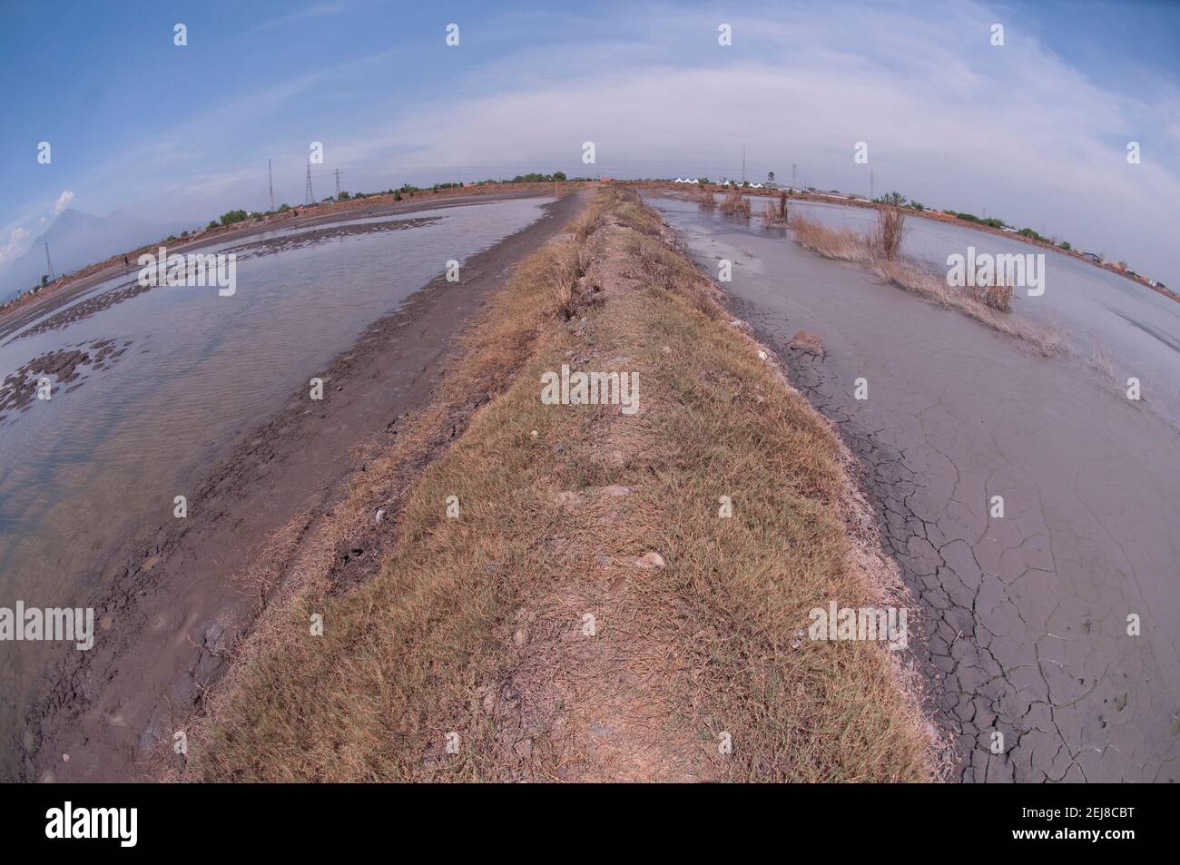 Mud and dike through mud lake environmental disaster which developed after drilling incident, Porong Sidoarjo, near Surabaya, East Java, Indonesia Stock Photo