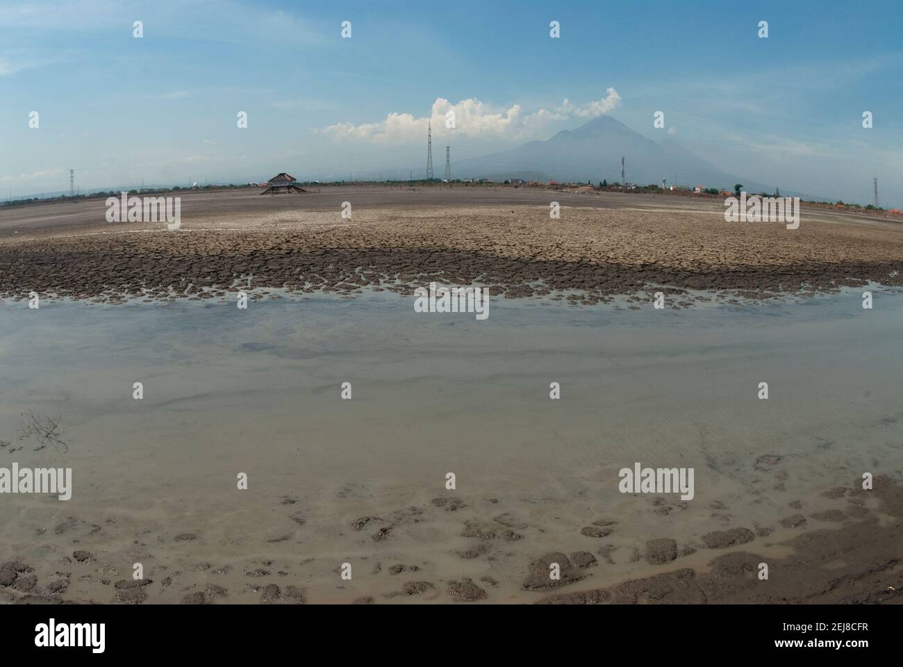 Mud lake geyser, environmental disaster which developed after drilling incident, Porong Sidoarjo, near Surabaya, East Java, Indonesia Stock Photo