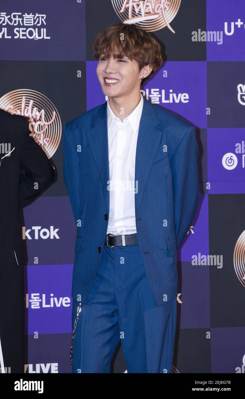 5 January 2020 - Seoul, South Korea : South Korean vocal J-Hope, member of  K-Pop boys group BTS (Bangtan Boys), attend a photo call for the 34th  Golden Disk Award at Gocheok