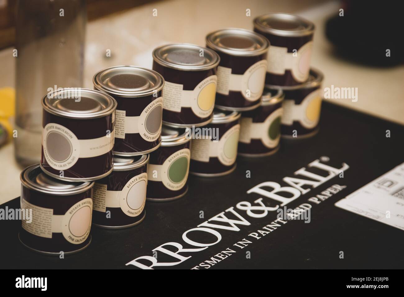 Sample pots of the premium pain Farrow and Ball arranged for use at