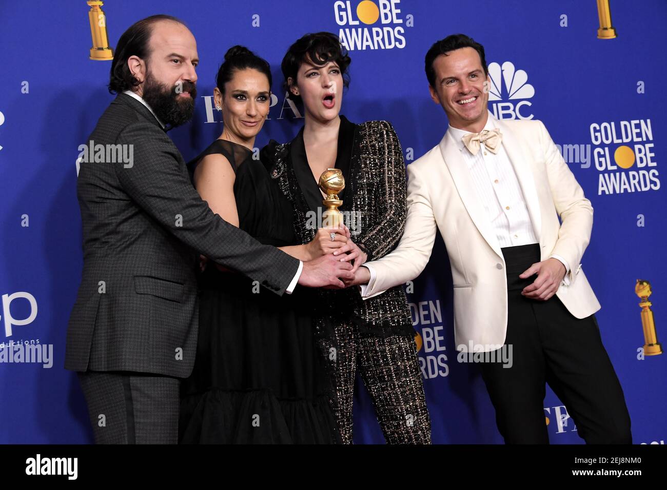 Members of the cast of "Fleabag" winners of the Brett Gelman, Sian  Clifford, Phoebe Waller-Bridge and Andrew Scott in the press room at the  77th Golden Globe Awards held at The Beverly