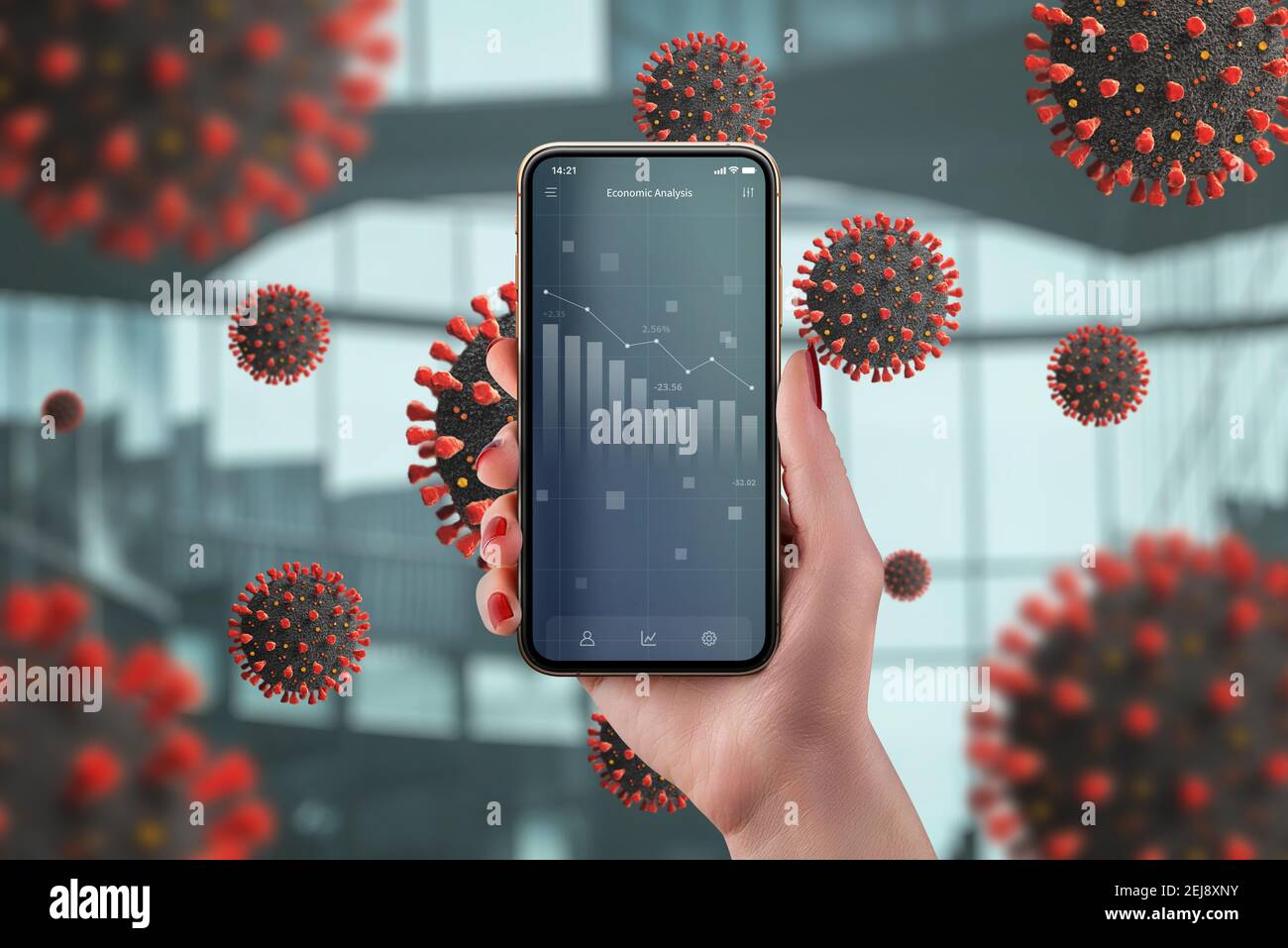 Concept of economic decline under the influence of the corona virus epidemic. Hand holds a mobile phone with economy stats. Coronavirus virions surrou Stock Photo