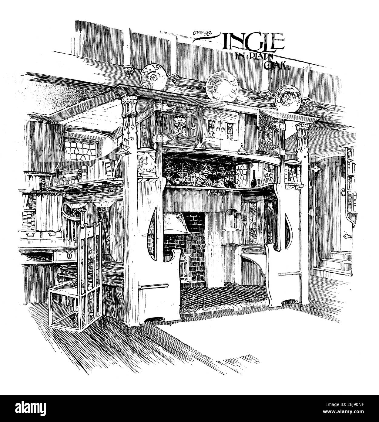 1898 Arts and Crafts interior design,  inglenook fireplace, ‘Design for a Bachelor’s Room, by George Montague Ellwood illustration from 1899 The Studi Stock Photo