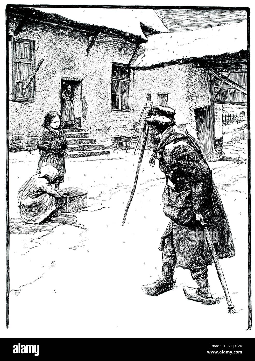 Winter in poor neighbourhood of Brussels, illustration by Francois Gaillard (1861-1932) from 1899 The Studio an Illustrated Magazine of Fine and Appli Stock Photo