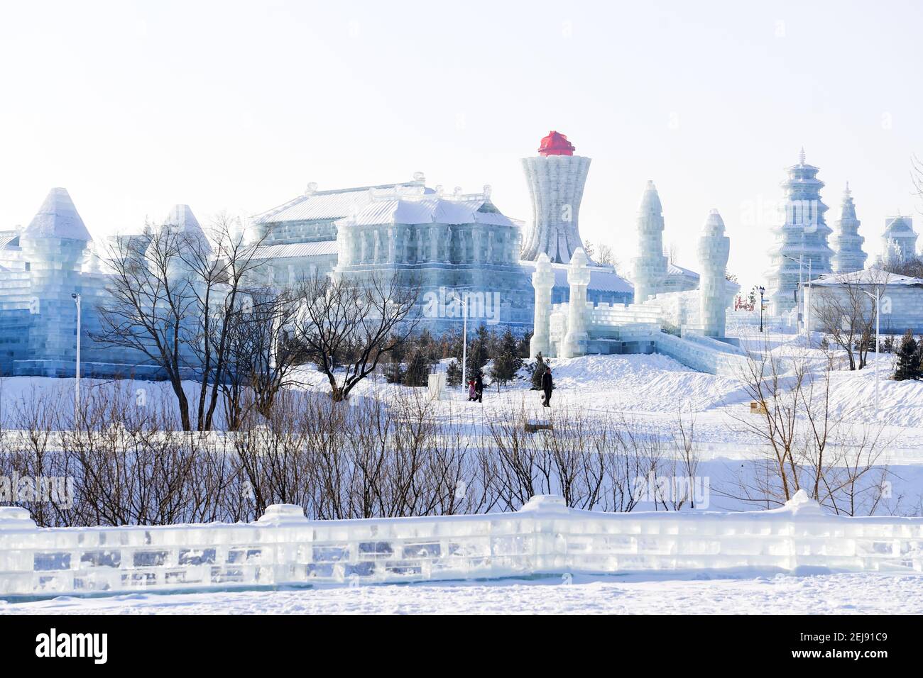 Jilin,CHINA-Changchun, Jilin province, built the ice and snow world for the first time this year with a total of 180,000 cubic meters of ice and 120,000 cubic meters of snow, and built about 130 separate ice and snow sculptures.One of them, a 420-meter-long ice slide, is in the guinness book of world records.(EDITORIAL USE ONLY. CHINA OUT) (Photo by /Sipa USA) Stock Photo