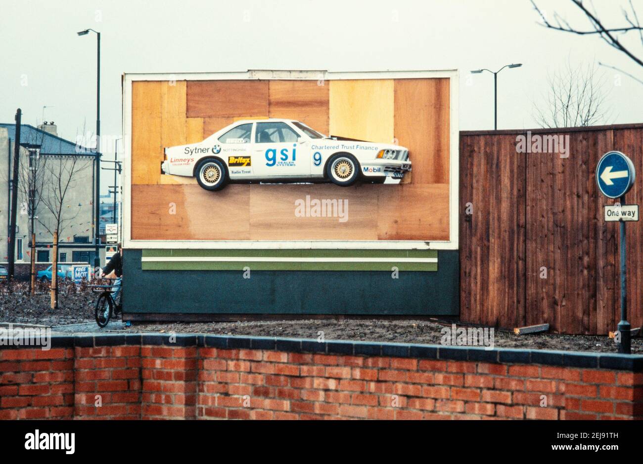 A Sytner advertising hoarding at Trent bridge Nottingham in the 1980s. The car is a BMW E24 6 series. A  BMW 635 CSi Group A that used to race in the British Touring Cars race series in the UK during the 1980s Stock Photo