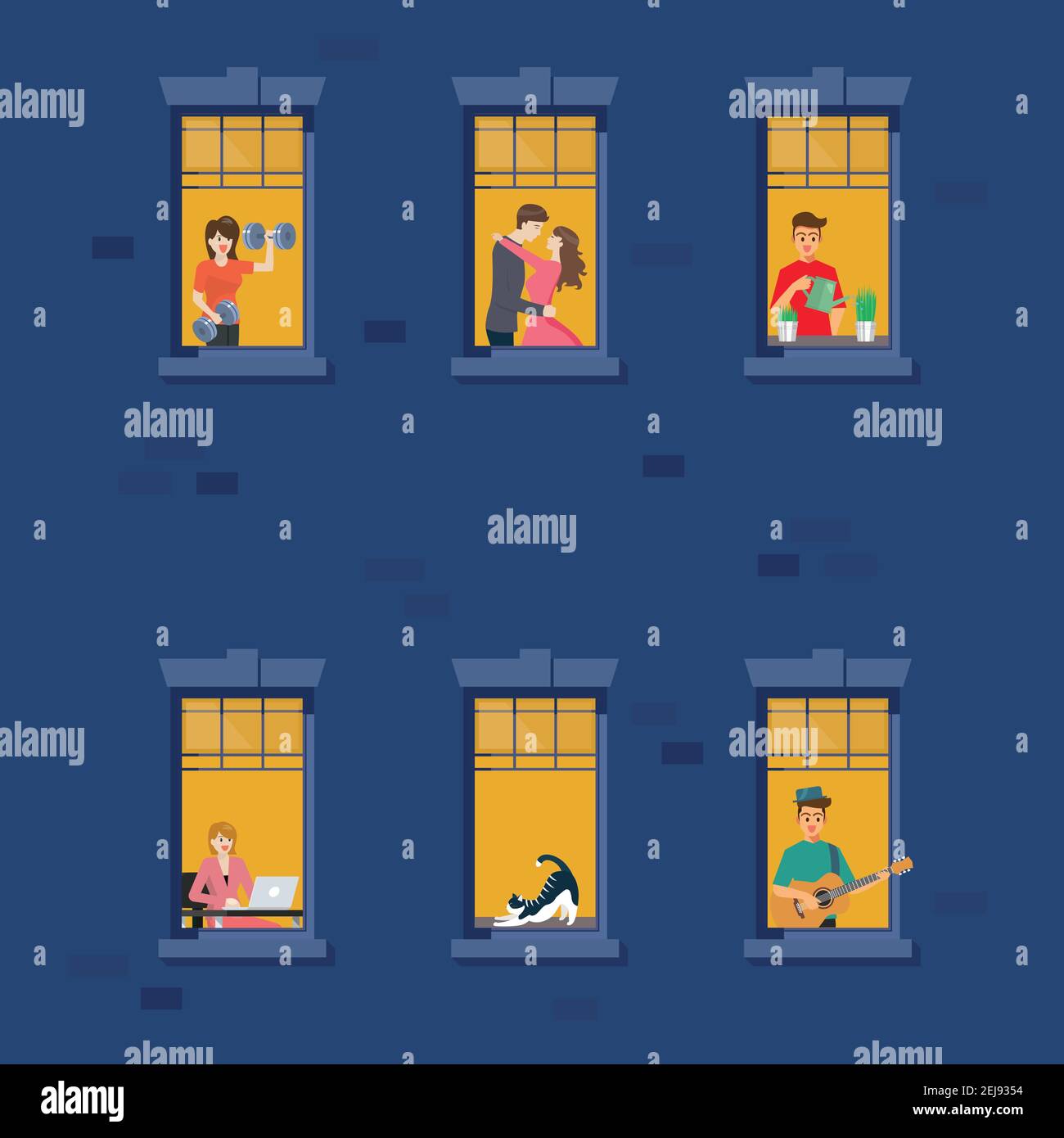 Apartment building facade with neighbor people in open windows at night. vector illustration. Stock Vector