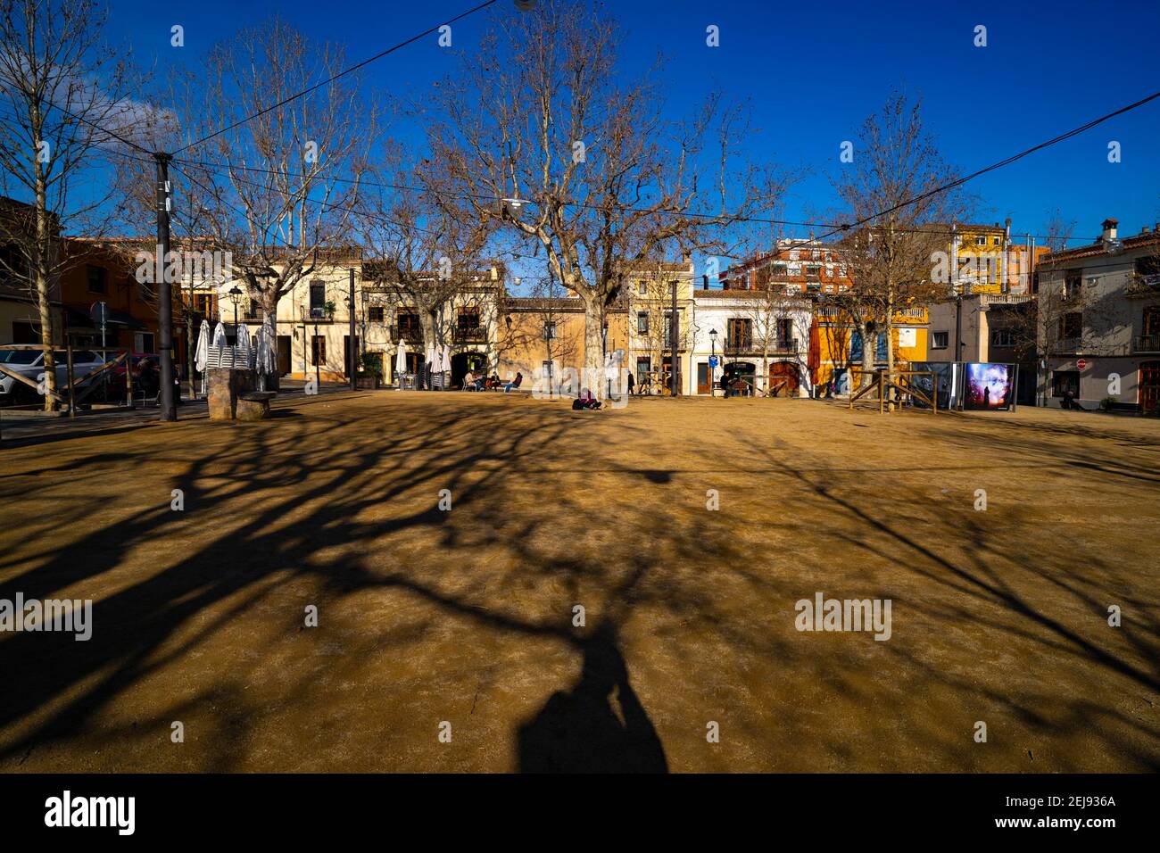 Empty ity square during Covid 19 crisis, January 2021. Placa Barcelona, Sant Cugat del Valles, Barcelona, Catalonia, Spain Stock Photo