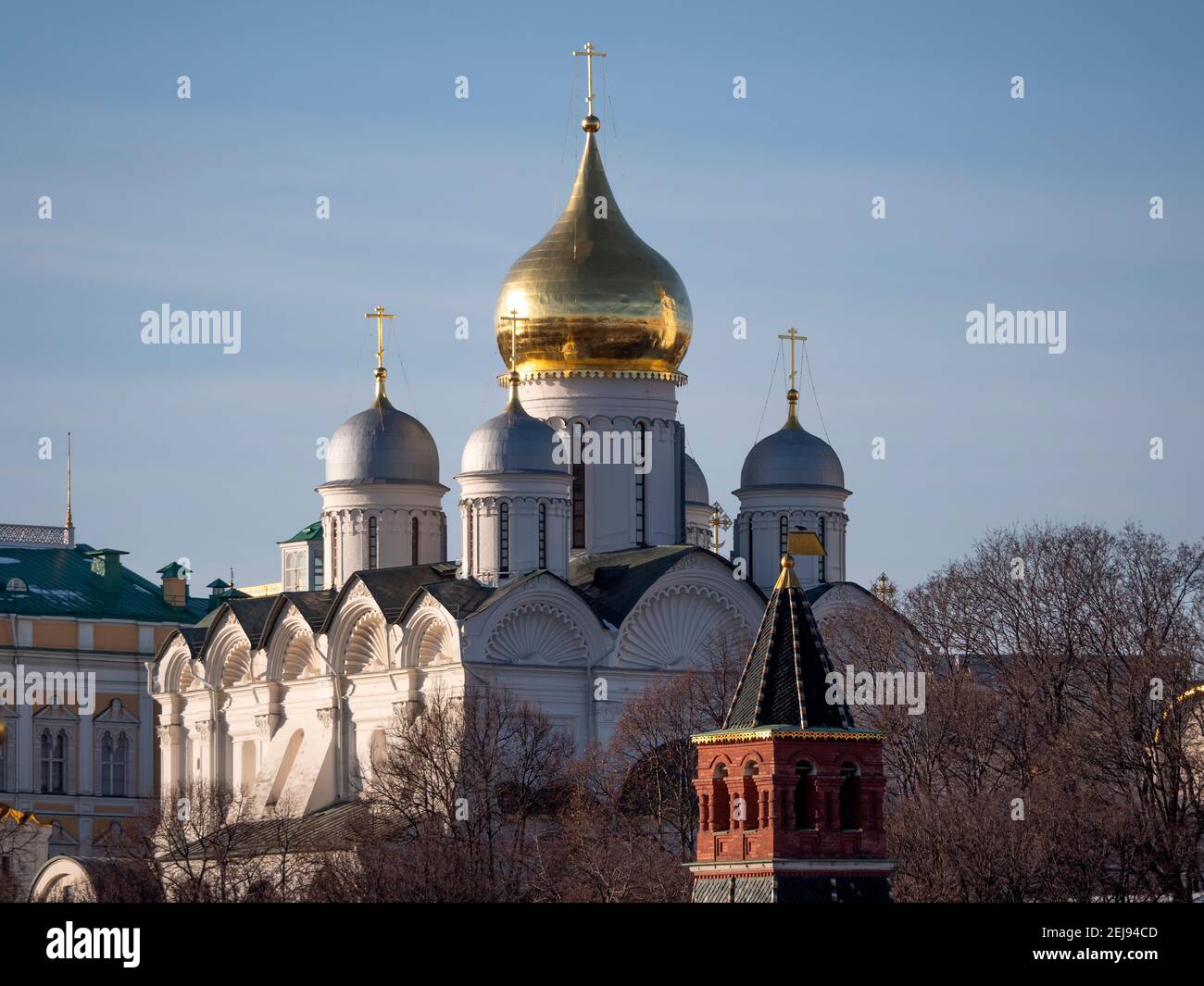 Golden dome with orthodox cross close-up on a blue sky background Stock ...