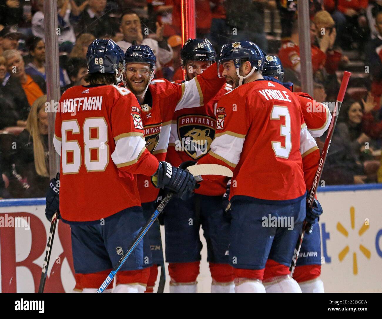 The Florida Panthers' Mike Hoffman (68) is congratulated by teammates after scoring during the second periodÂ against the Vancouver Canucks at the BB&T Center in Sunrise, Fla., on Thursday, Jan. 9, 2020. The Panthers won, 5-2. (David Santiago/Miami Herald/TNS) Stock Photo