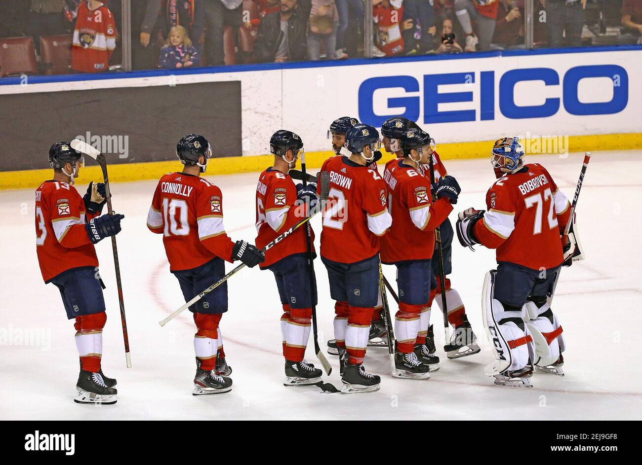 The Florida Panthers celebrate a 5-2 win against the Vancouver Canucks at the BB&T Center in Sunrise, Fla., on Thursday, Jan. 9, 2020. (David Santiago/Miami Herald/TNS) Stock Photo
