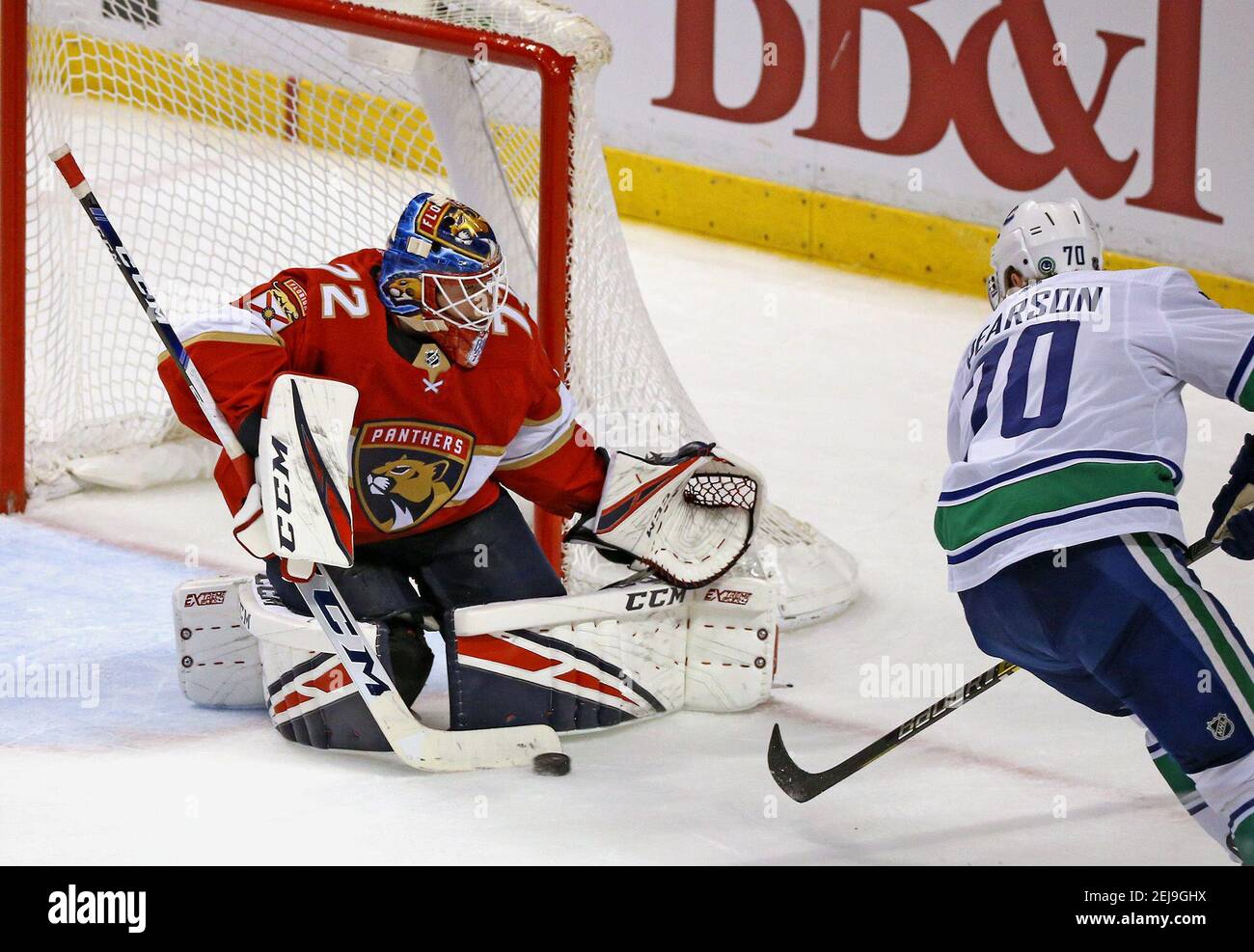Florida Panthers goalie Sergei Bobrovsky (72) stops a shot by the Vancouver Canucks' Tanner Pearson (70) during the third periodÂ at the BB&T Center in Sunrise, Fla., on Thursday, Jan. 9, 2020. The Panthers won, 5-2. (David Santiago/Miami Herald/TNS) Stock Photo