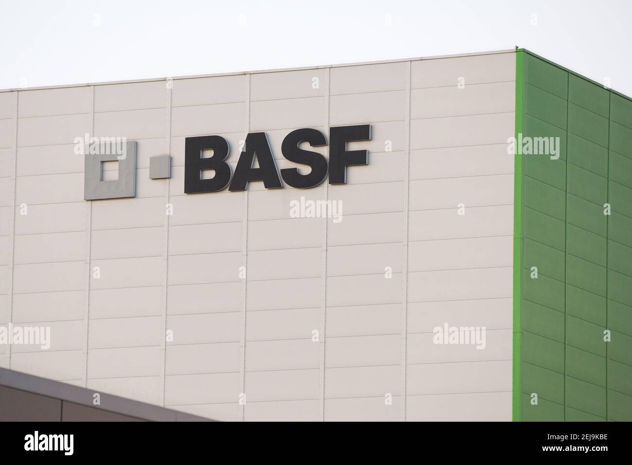 BASF logo seen on the main building of the BASF catalyst production plant in Sroda Slaska