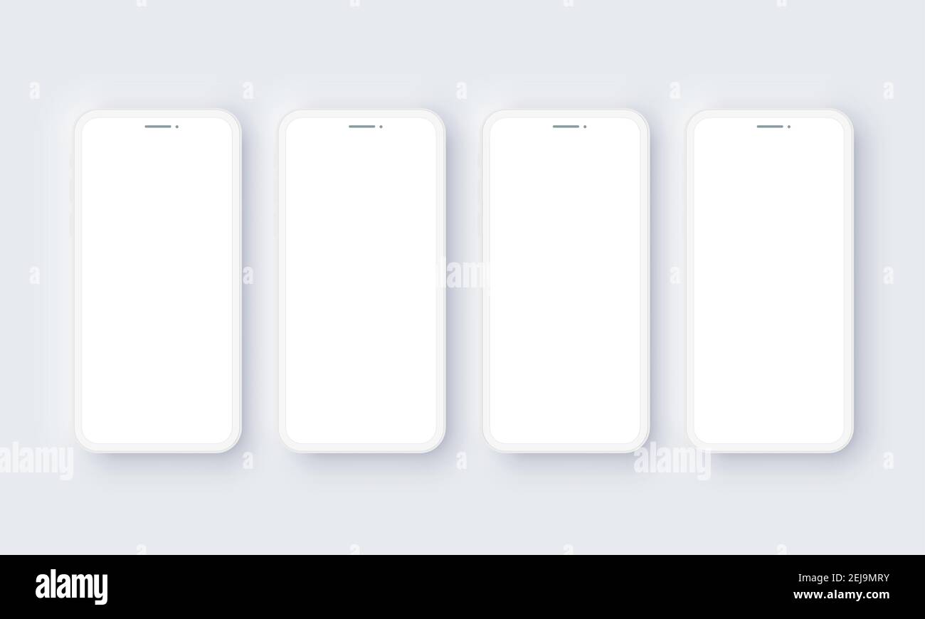 Realistic Mobile Phone Neomorphism Template Mockup Vector. White 3D Front Design Stock Vector