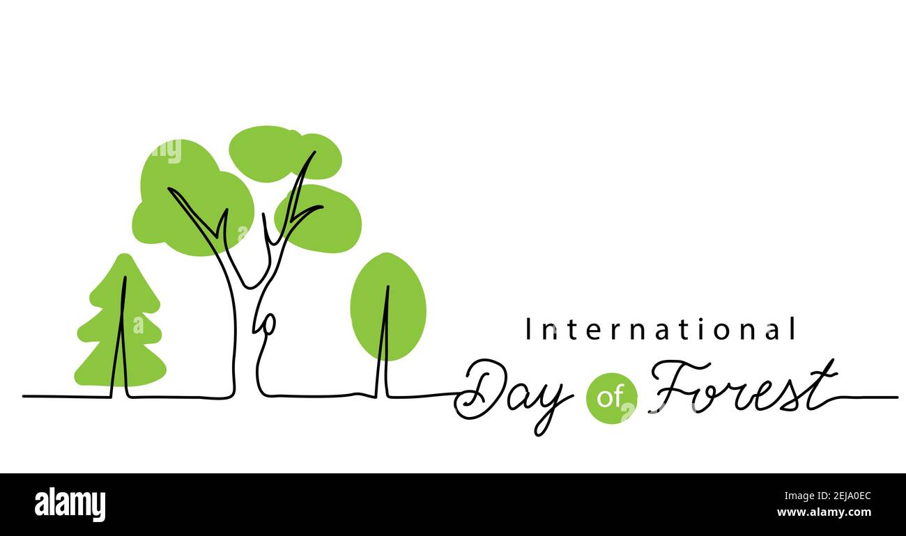 International Day of Forest vector background, banner, poster. Minimal one continuous line drawing of green trees. Forest day lettering Stock Vector