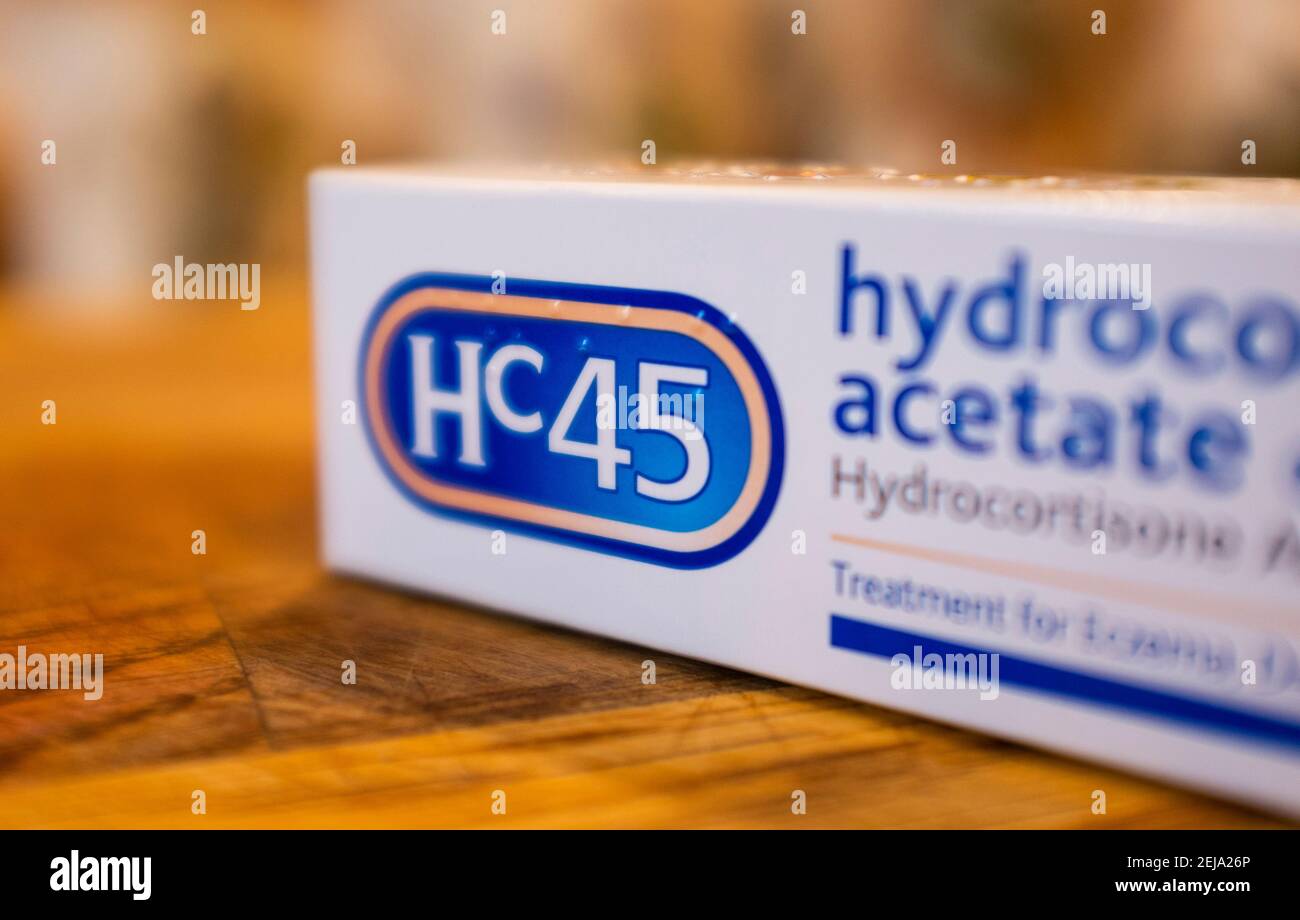 Hc45 hydrocortisone acetate cream to treat eczema dermatitis and skin conditions including Psoriasis   Photograph taken by Simon Dack Stock Photo