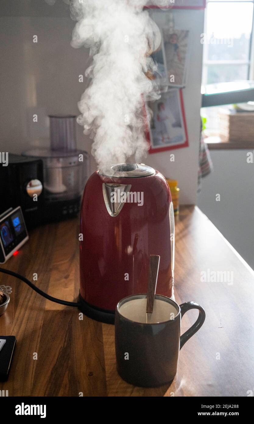 Kitchen electric kettle boiling with steam to make a hot drink Stock