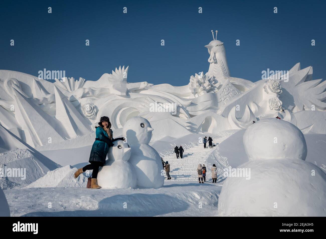 Tourists visit ice sculpture during the 36th Harbin Ice and Snow Festival  in Harbin, Heilongjiang province. Harbin International Ice and Snow  Sculpture Festival is one of the largest ice and snow festivals