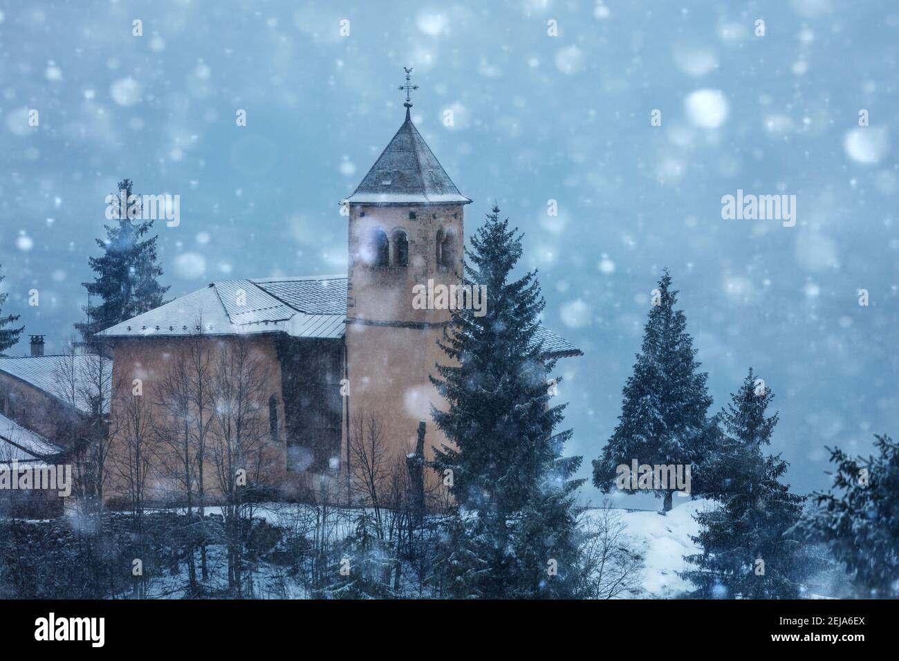 Close photo of old village church in Champagny-en-Vanoise in French, Auvergne-Rhone-Alpes Stock Photo