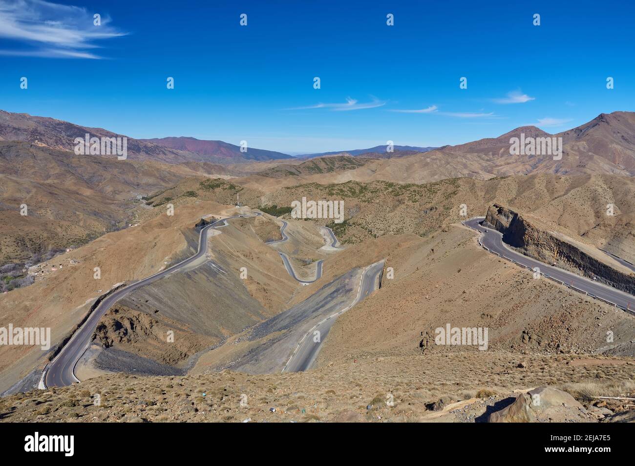 Atlas mountain range from Morocco. Road serpentine in the mountains. Chain of mountain ranges in