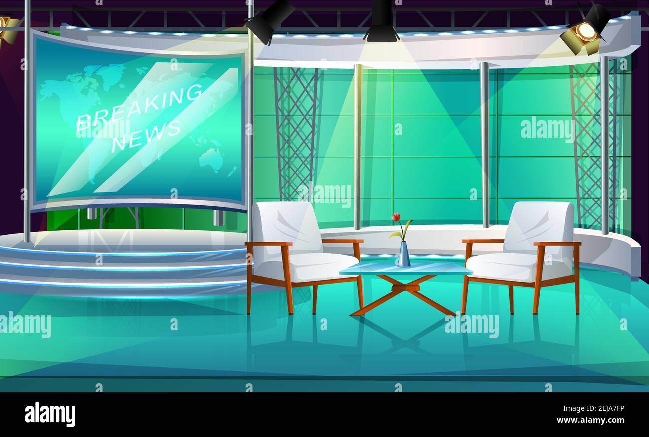 Vector cartoon style TV show studio with two chairs and table, interior stage, with two chair and news screen. Stock Vector