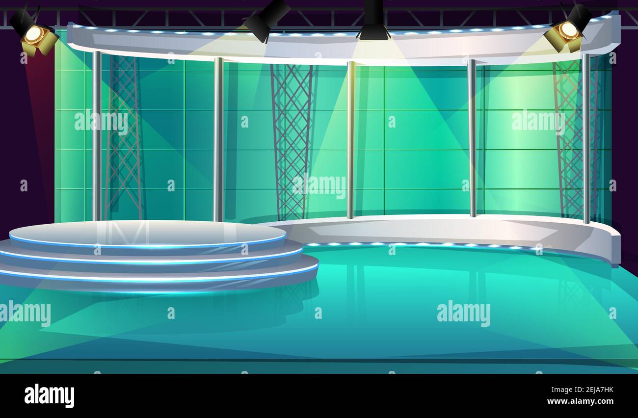 Vector cartoon style TV show studio interior with stage and spot lights. Stock Vector