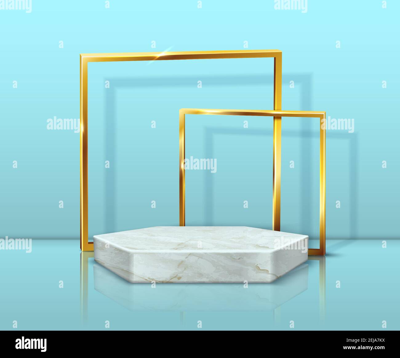 3d realistic vector marble hexagon stand and golden frames of blue