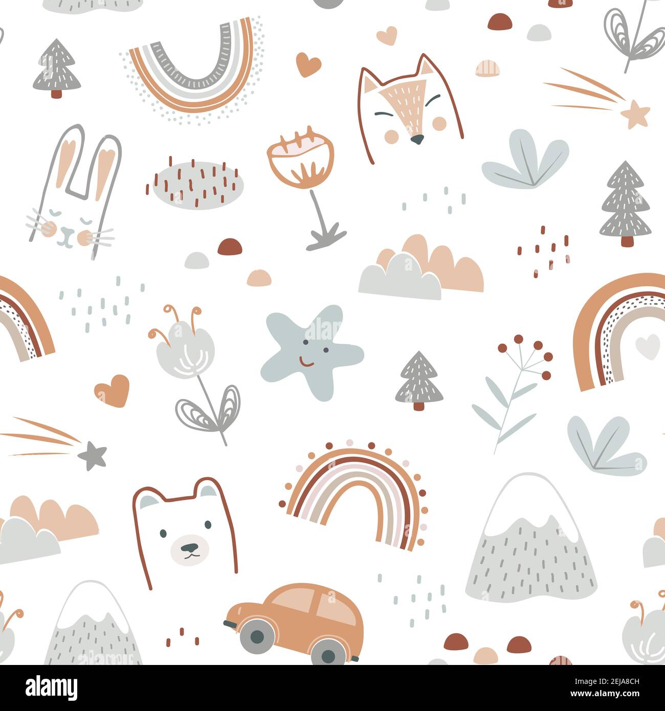 Seamless pattern with cute animals faces and childhood symbols ...
