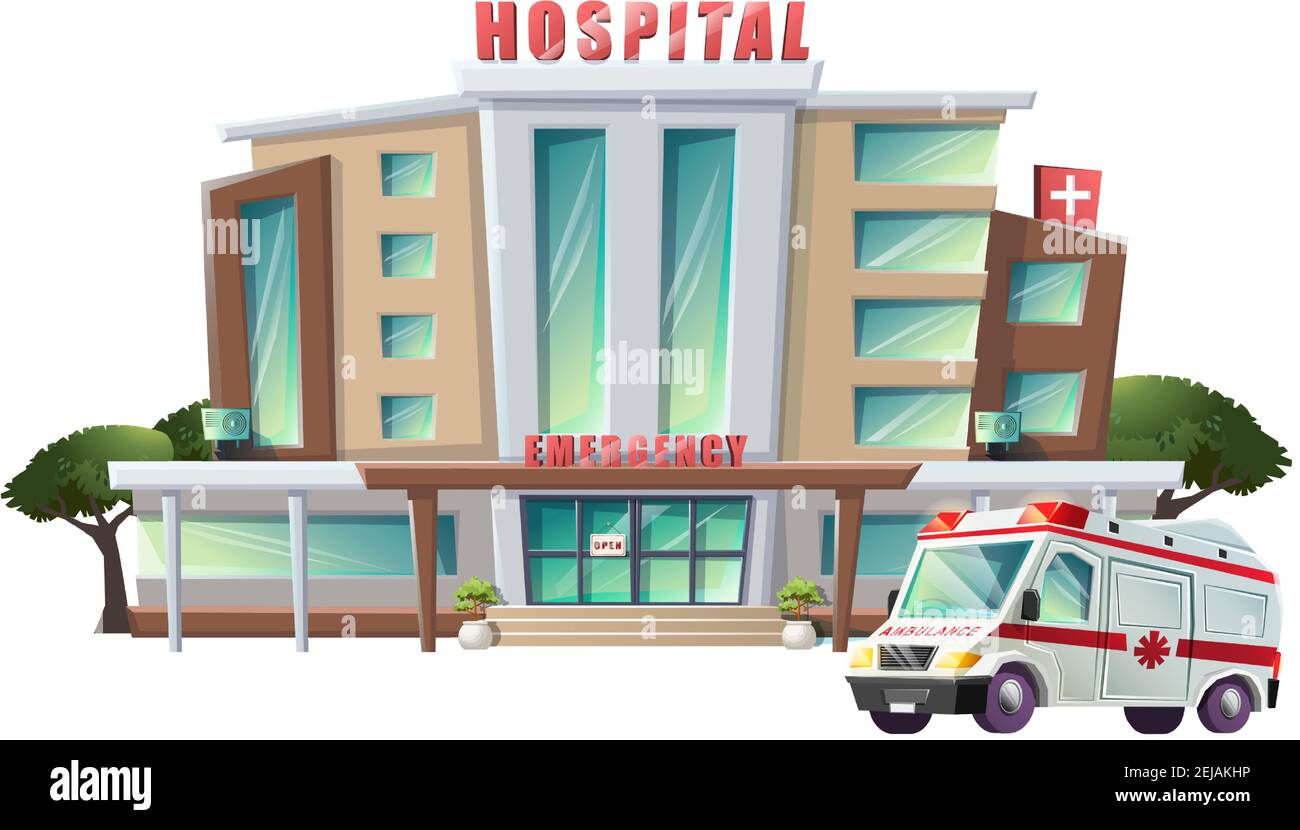 Vector cartoon style flat illustration of hospital building and emergency  ambulance. Isolated on white background Stock Vector Image & Art - Alamy