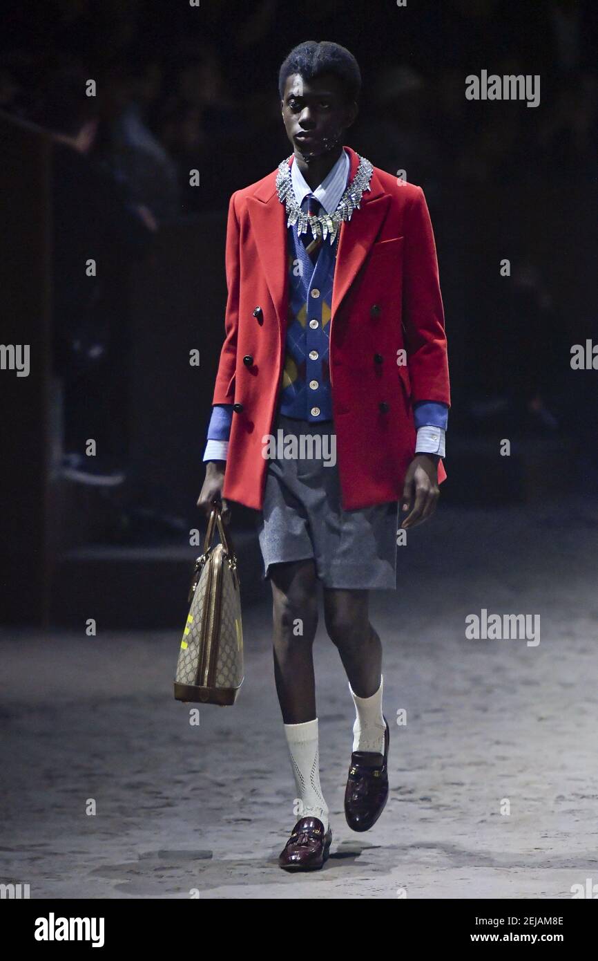 Model walks on the runway during the Gucci show, Milan Fashion Week Mens 2020-2021 FW Jan. 14, by Jonas Gustavsson/Sipa USA Stock Photo -