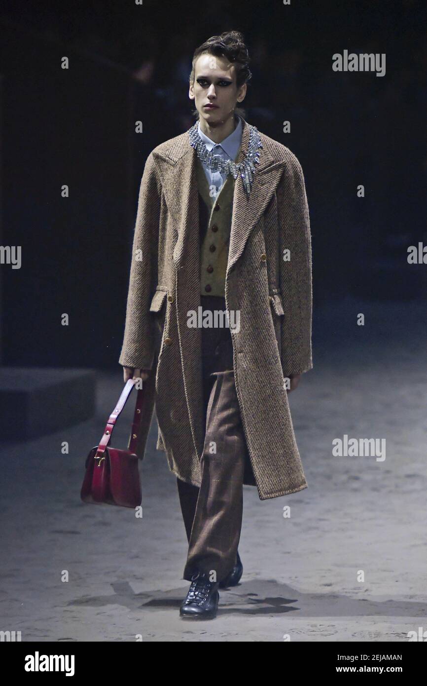 Model walks on the runway during the Gucci menswear show Milan Fashion Week Mens 2020 2021 FW Jan. 14 2020 Photo by Jonas Gustavsson Sipa USA Stock Photo Alamy