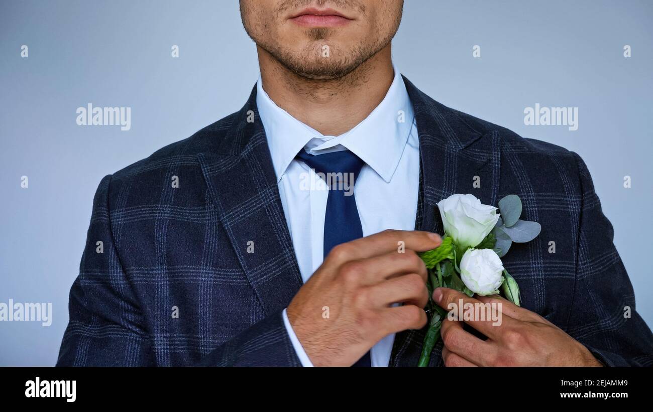 partial view of elegant bridegroom fixing boutonniere isolated on blue Stock Photo